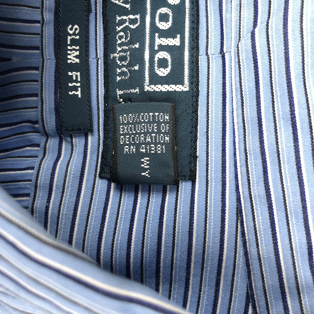 Ralph Lauren POLO by Ralph Lauren SLIM FIT Multi-stripe Long-Sleeve Button-Down Stripe Shirt (Men's Size L equivalent) cotton Blue type light blue Vintage Second Hand