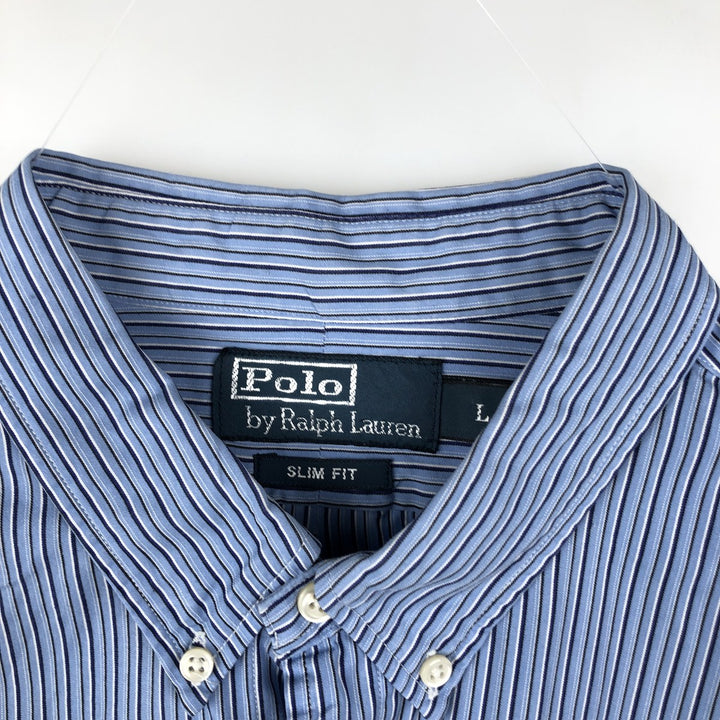Ralph Lauren POLO by Ralph Lauren SLIM FIT Multi-stripe Long-Sleeve Button-Down Stripe Shirt (Men's Size L equivalent) cotton Blue type light blue Vintage Second Hand