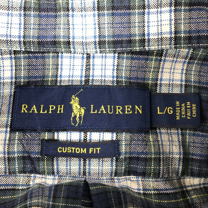 Ralph Lauren CUSTOM FIT long sleeve button down check shirt, men's size L cotton navy blue type Vintage Second Hand