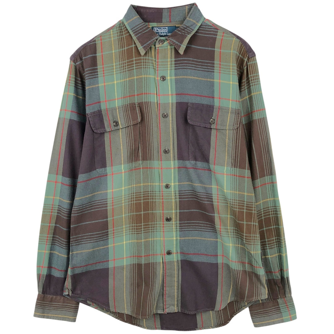 Ralph Lauren POLO by Ralph Lauren long sleeve cotton check shirt, men's size M cotton Khaki type Vintage Second Hand