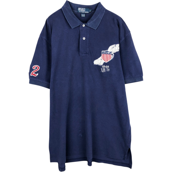 Ralph Lauren POLO by Ralph Lauren American flag pattern short-sleeved polo shirt, men's size L (approx.) cotton navy blue type Vintage Second Hand