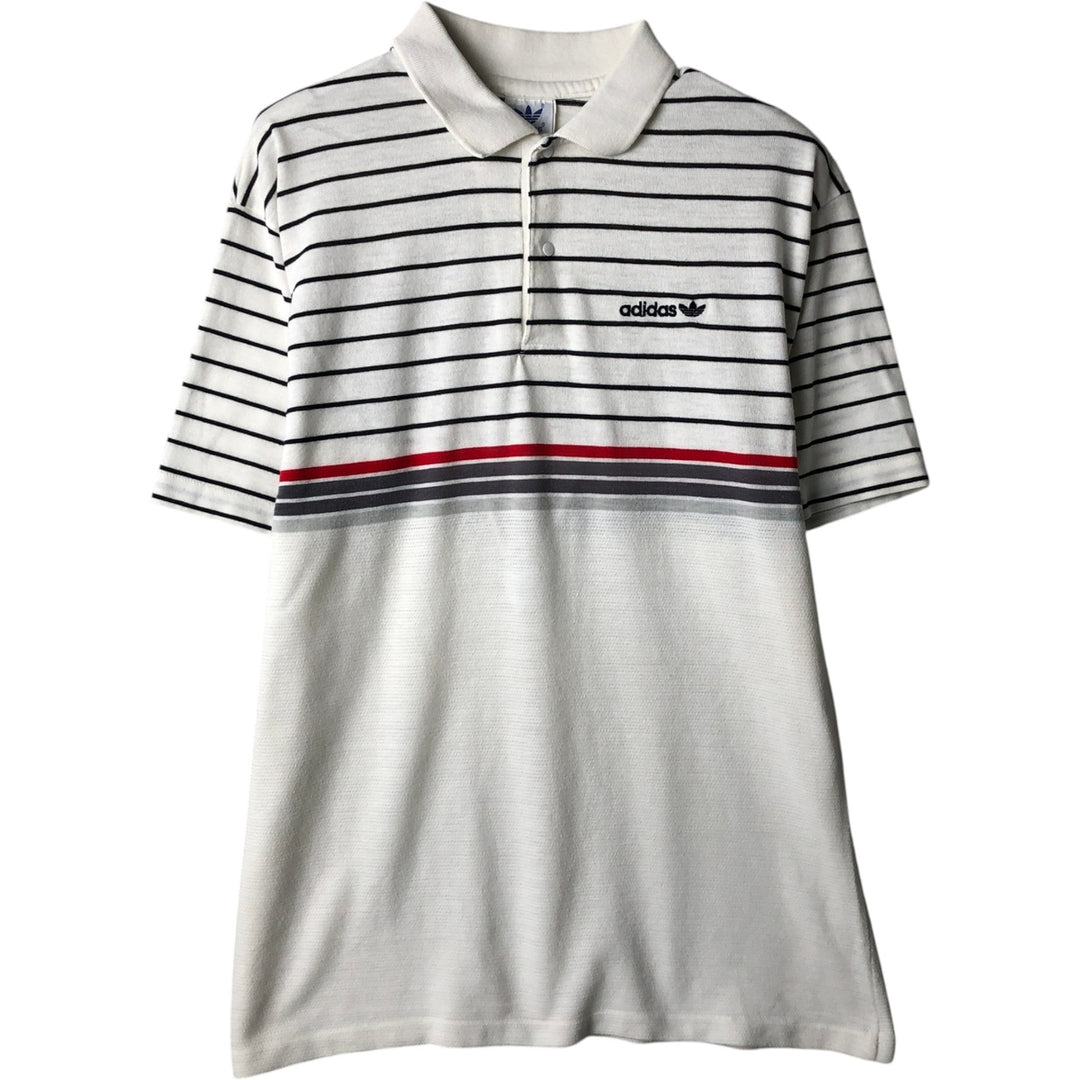 1980s-era Adidas Trefoil logo short-sleeved striped polo shirt, men's size S equivalent, vintage. unclear white type Vintage Second Hand
