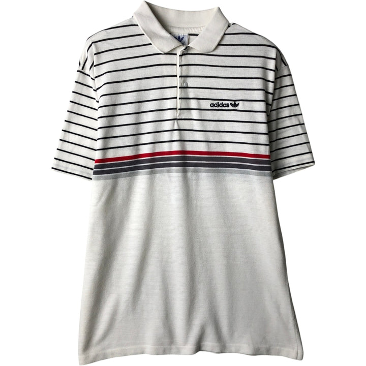 1980s-era Adidas Trefoil logo short-sleeved striped polo shirt, men's size S equivalent, vintage. unclear white type Vintage Second Hand