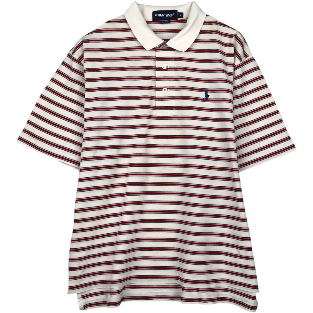 Ralph Lauren POLO GOLF Multi-border short sleeve striped polo shirt, men's size L cotton unbleached Vintage Second Hand