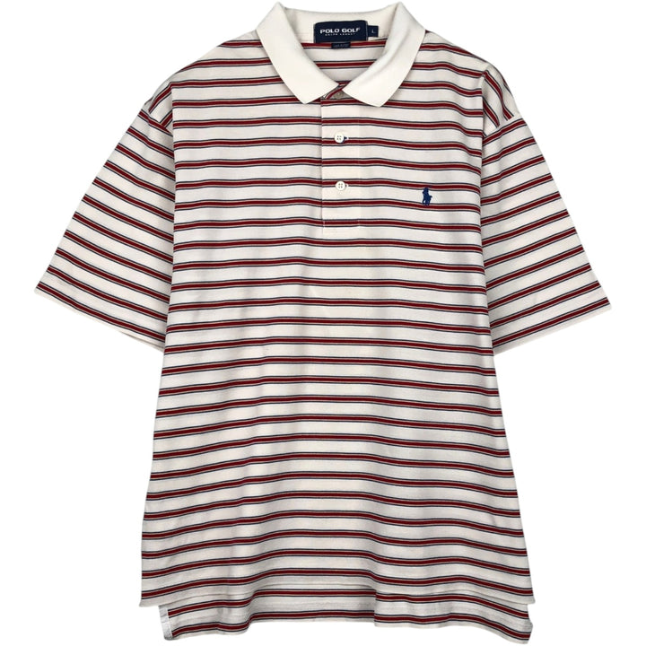 Ralph Lauren POLO GOLF Multi-border short sleeve striped polo shirt, men's size L cotton unbleached Vintage Second Hand