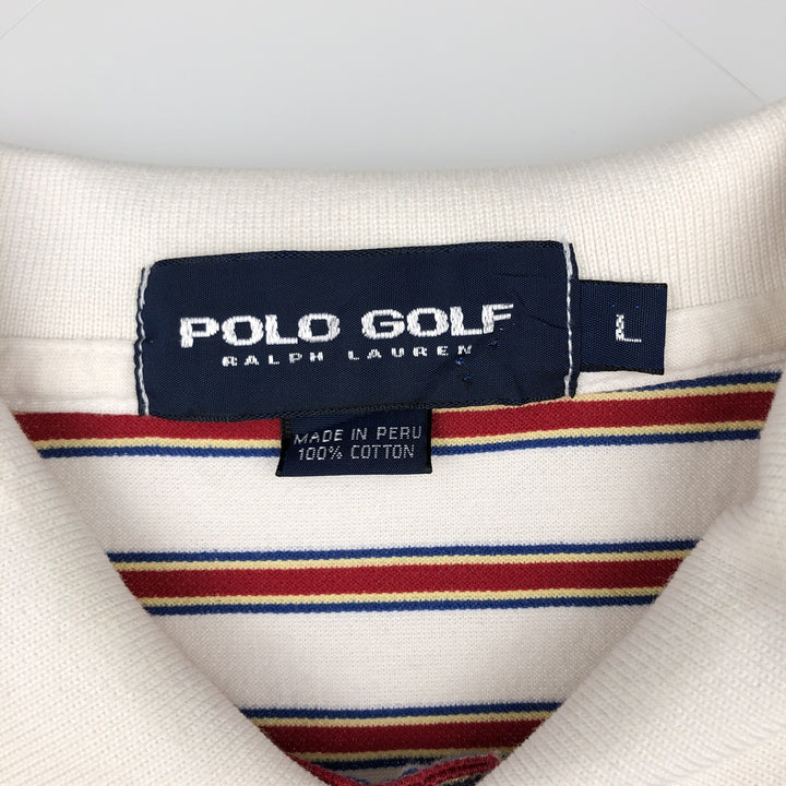 Ralph Lauren POLO GOLF Multi-border short sleeve striped polo shirt, men's size L cotton unbleached Vintage Second Hand