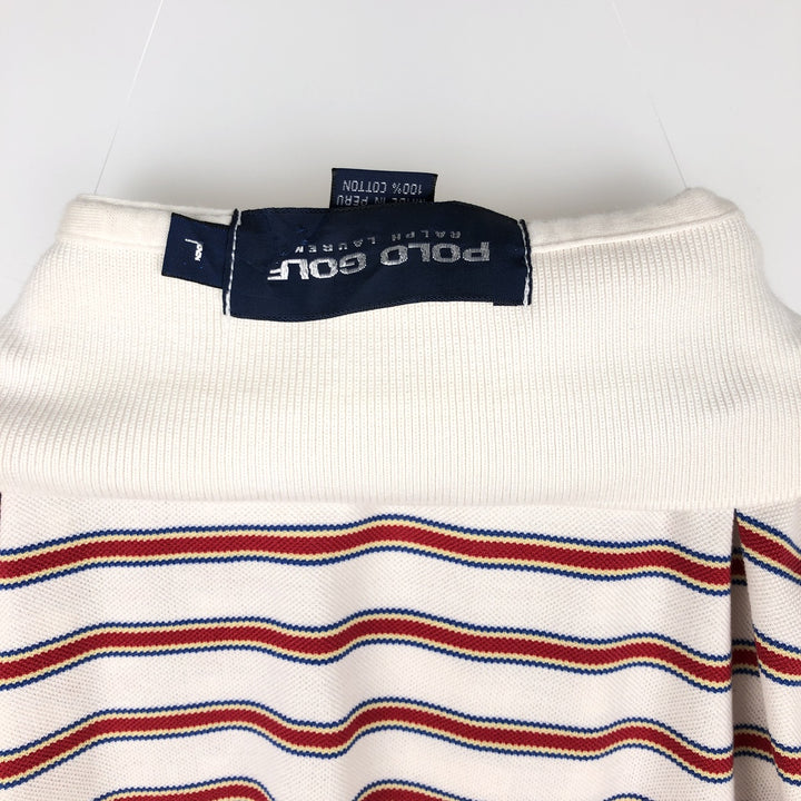Ralph Lauren POLO GOLF Multi-border short sleeve striped polo shirt, men's size L cotton unbleached Vintage Second Hand