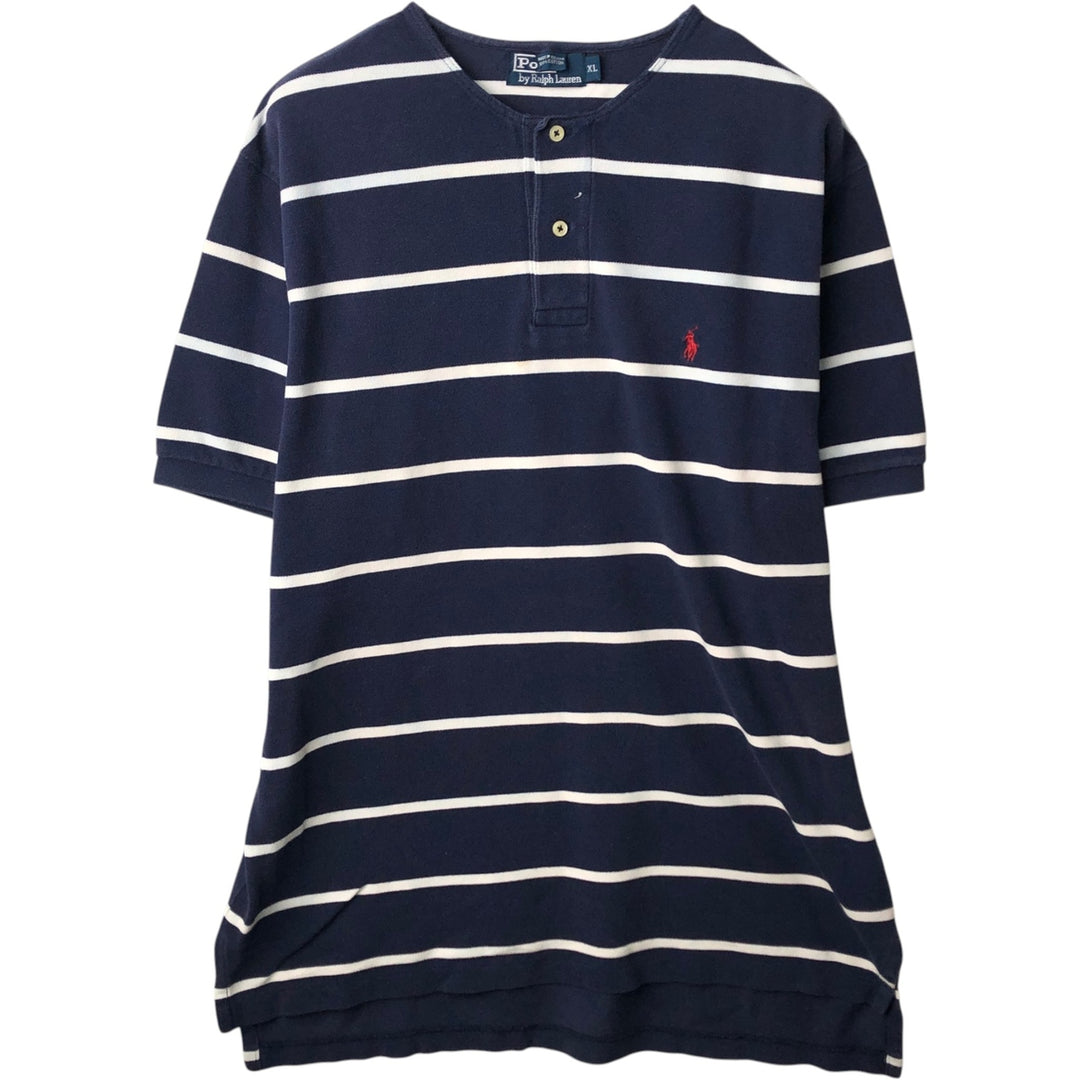 Ralph Lauren POLO by Ralph Lauren Cut-off Short-Sleeve Striped Polo Shirt, Men's Size XL (approx.) cotton navy blue type Vintage Second Hand