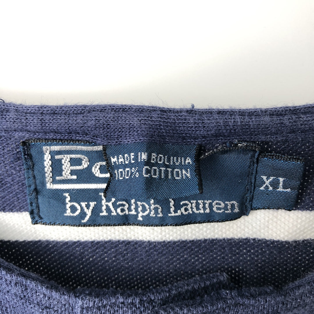 Ralph Lauren POLO by Ralph Lauren Cut-off Short-Sleeve Striped Polo Shirt, Men's Size XL (approx.) cotton navy blue type Vintage Second Hand