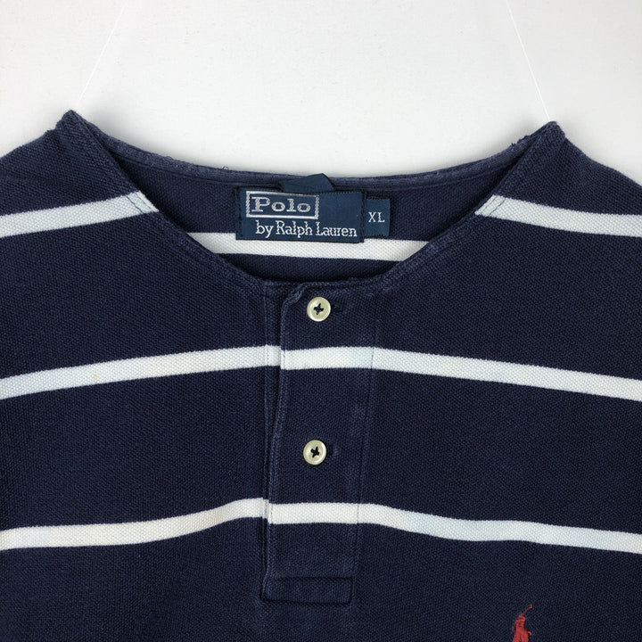 Ralph Lauren POLO by Ralph Lauren Cut-off Short-Sleeve Striped Polo Shirt, Men's Size XL (approx.) cotton navy blue type Vintage Second Hand