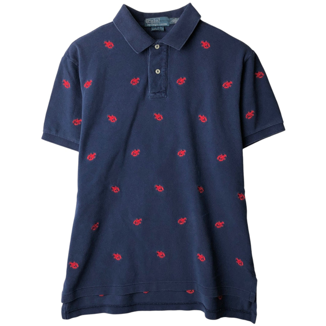 Ralph Lauren POLO by Ralph Lauren CUSTOM FIT all-over print embroidered short-sleeved polo shirt, men's size L (approx.) cotton navy blue type Vintage Second Hand