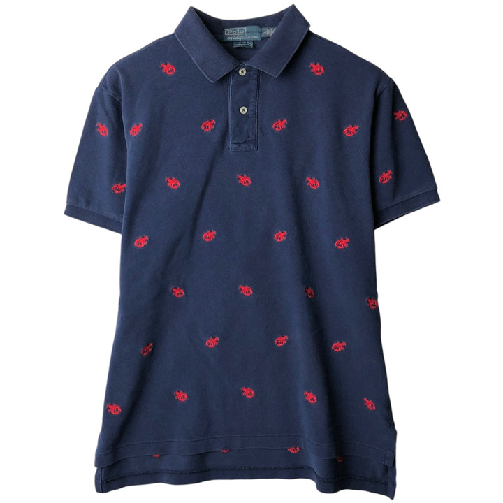 Ralph Lauren POLO by Ralph Lauren CUSTOM FIT all-over print embroidered short-sleeved polo shirt, men's size L (approx.) cotton navy blue type Vintage Second Hand