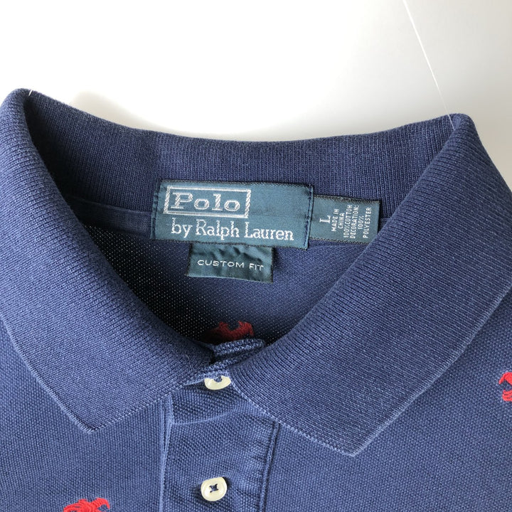 Ralph Lauren POLO by Ralph Lauren CUSTOM FIT all-over print embroidered short-sleeved polo shirt, men's size L (approx.) cotton navy blue type Vintage Second Hand