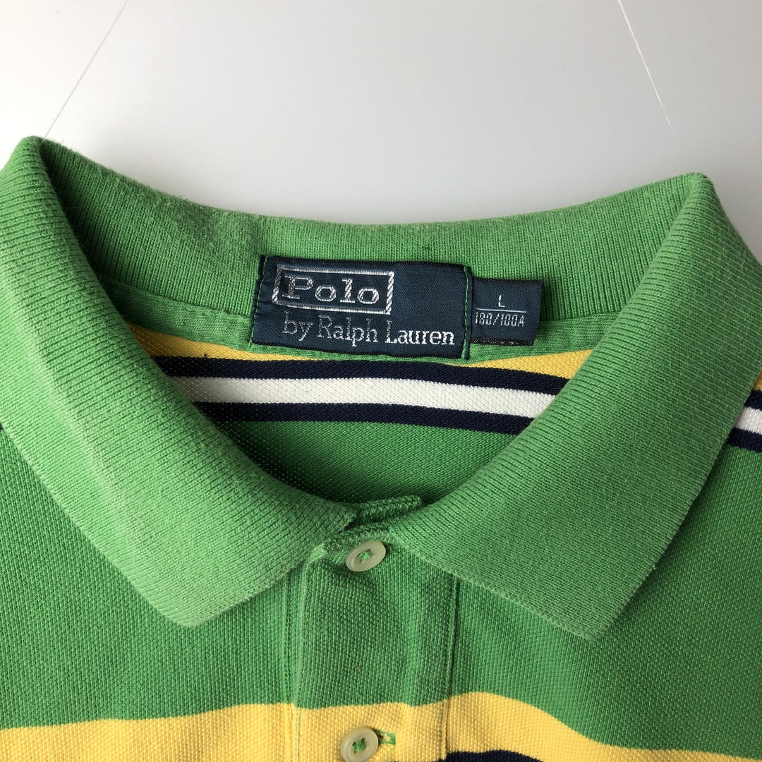 Ralph Lauren POLO by Ralph Lauren Multi-border short sleeve striped polo shirt Men's size L cotton green type Vintage Second Hand