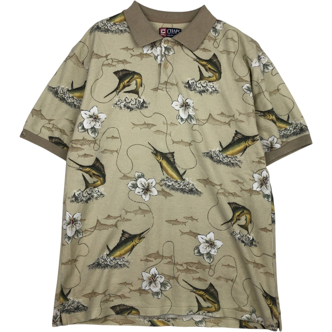 Ralph Lauren CHAPS all-over print short-sleeved collarless polo shirt, men's size L (approx.) cotton Beige type Vintage Second Hand