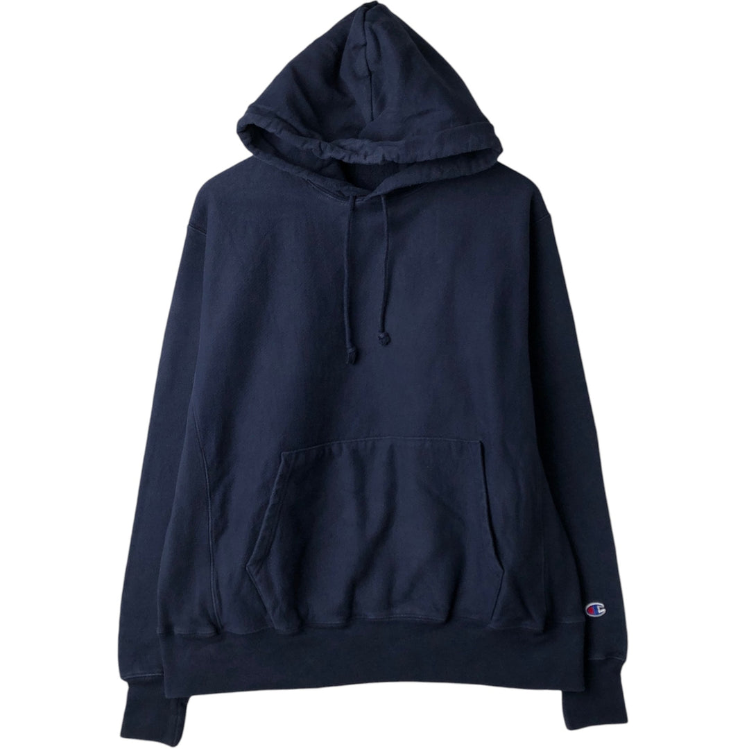 Champion Reverse Weave Plain Blank Sweatshirt Hoodie (Men's Size L equivalent) cotton navy blue type Vintage Second Hand