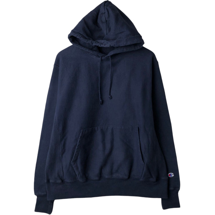 Champion Reverse Weave Plain Blank Sweatshirt Hoodie (Men's Size L equivalent) cotton navy blue type Vintage Second Hand