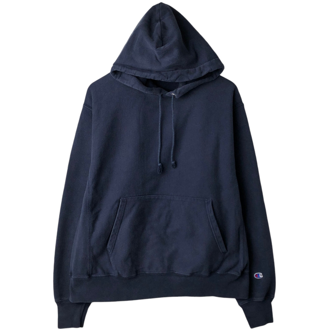 Champion Reverse Weave Plain Blank Sweatshirt Hoodie (Men's Size L equivalent) cotton navy blue type Vintage Second Hand