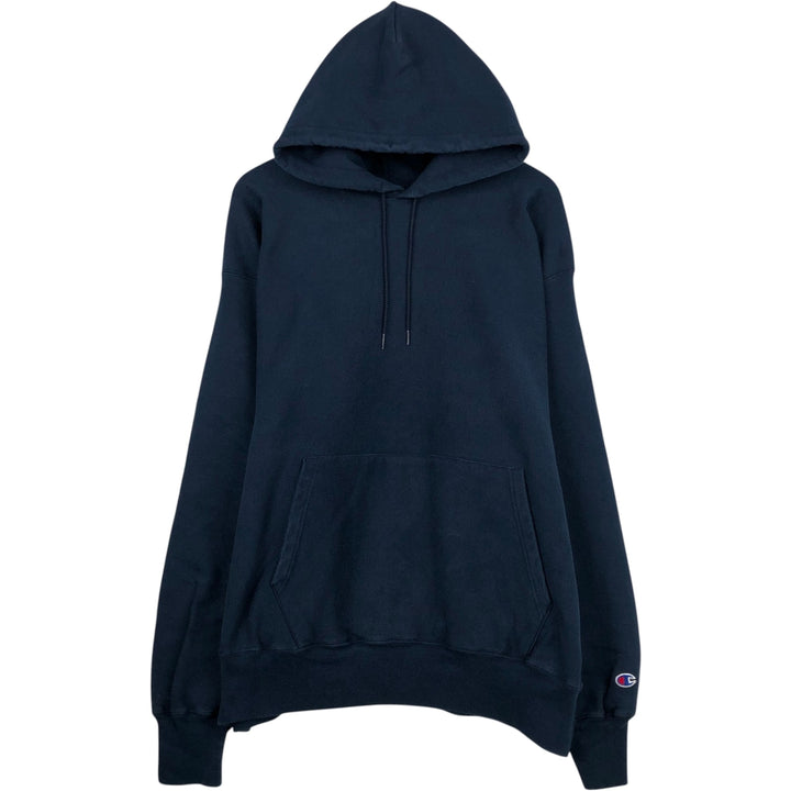 2000'S Champion Premium Reverse Weave No-Pattern Sweatshirt Pullover Hoodie, Men's XL equivalent. cotton navy blue type Vintage Second Hand