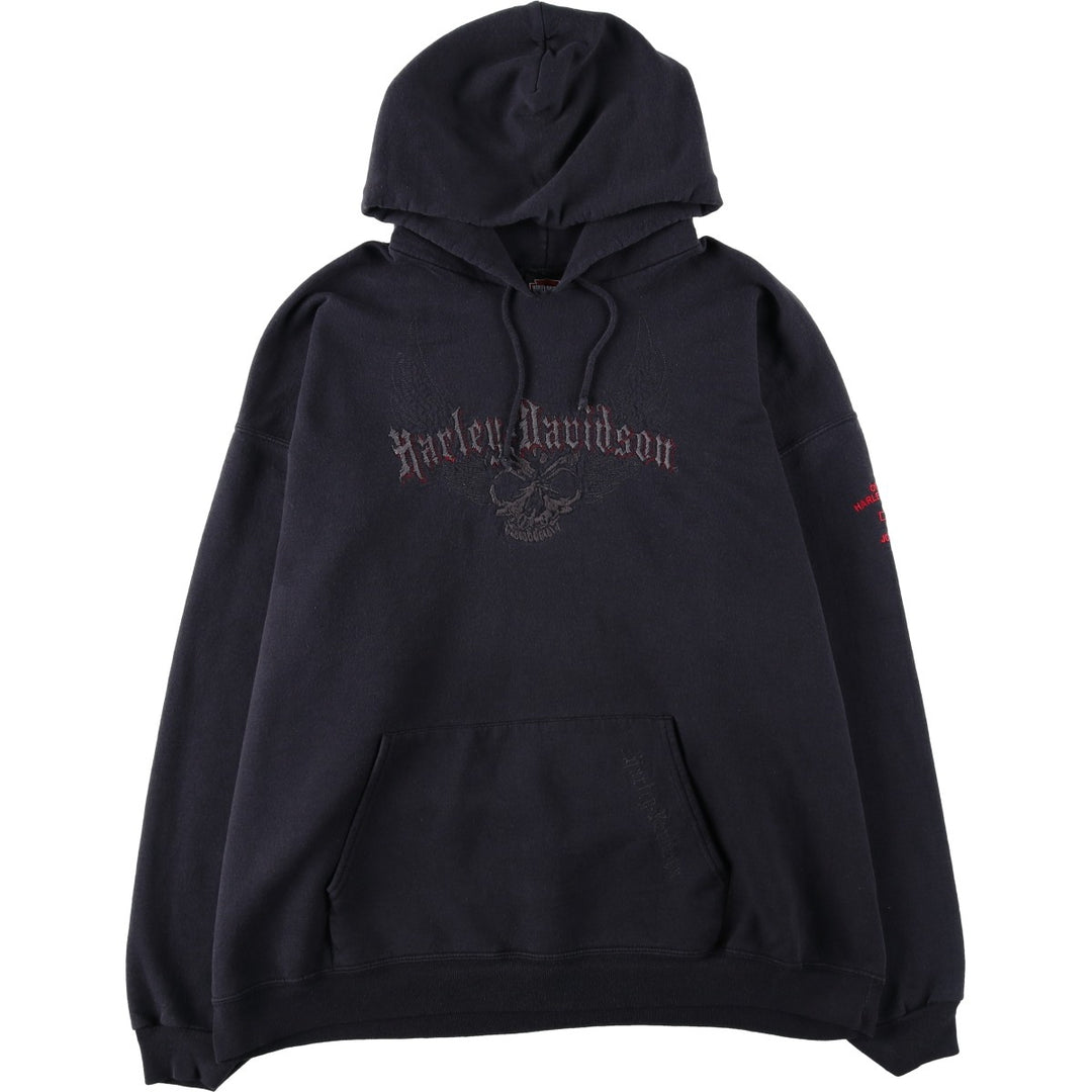 Harley-Davidson Skull Pattern Skull Wing Advertising Sweatshirt Pullover Hoodie, Men's XXL equivalent. cotton navy blue type Vintage Second Hand