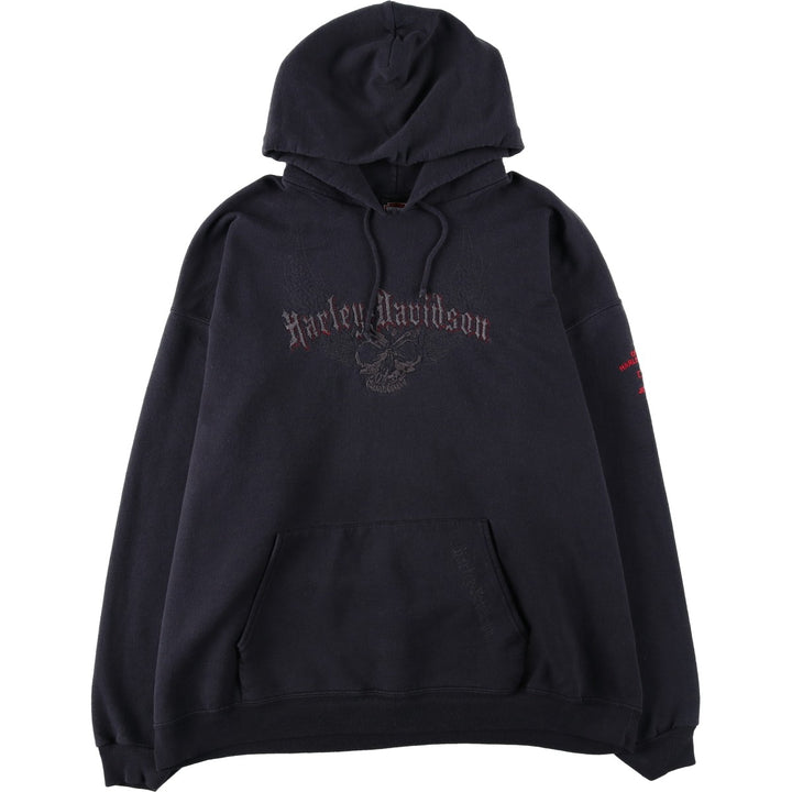 Harley-Davidson Skull Pattern Skull Wing Advertising Sweatshirt Pullover Hoodie, Men's XXL equivalent. cotton navy blue type Vintage Second Hand