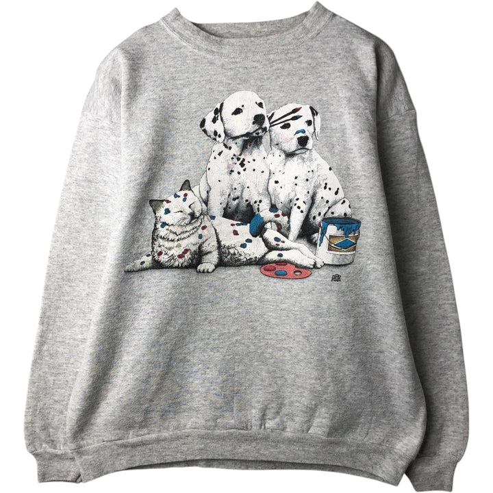 90'S Cotton Grove Animal Sweatshirt with Dog and Cat Pattern, Made in USA, Women's Size L (Equivalent), Vintage cotton gray type Vintage Second Hand