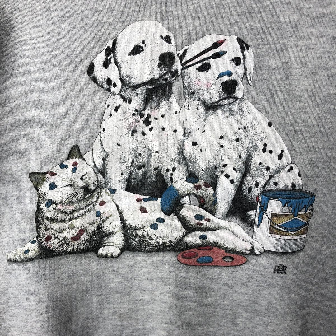 90'S Cotton Grove Animal Sweatshirt with Dog and Cat Pattern, Made in USA, Women's Size L (Equivalent), Vintage cotton gray type Vintage Second Hand