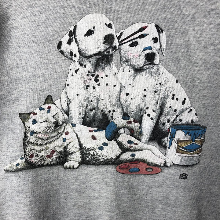 90'S Cotton Grove Animal Sweatshirt with Dog and Cat Pattern, Made in USA, Women's Size L (Equivalent), Vintage cotton gray type Vintage Second Hand