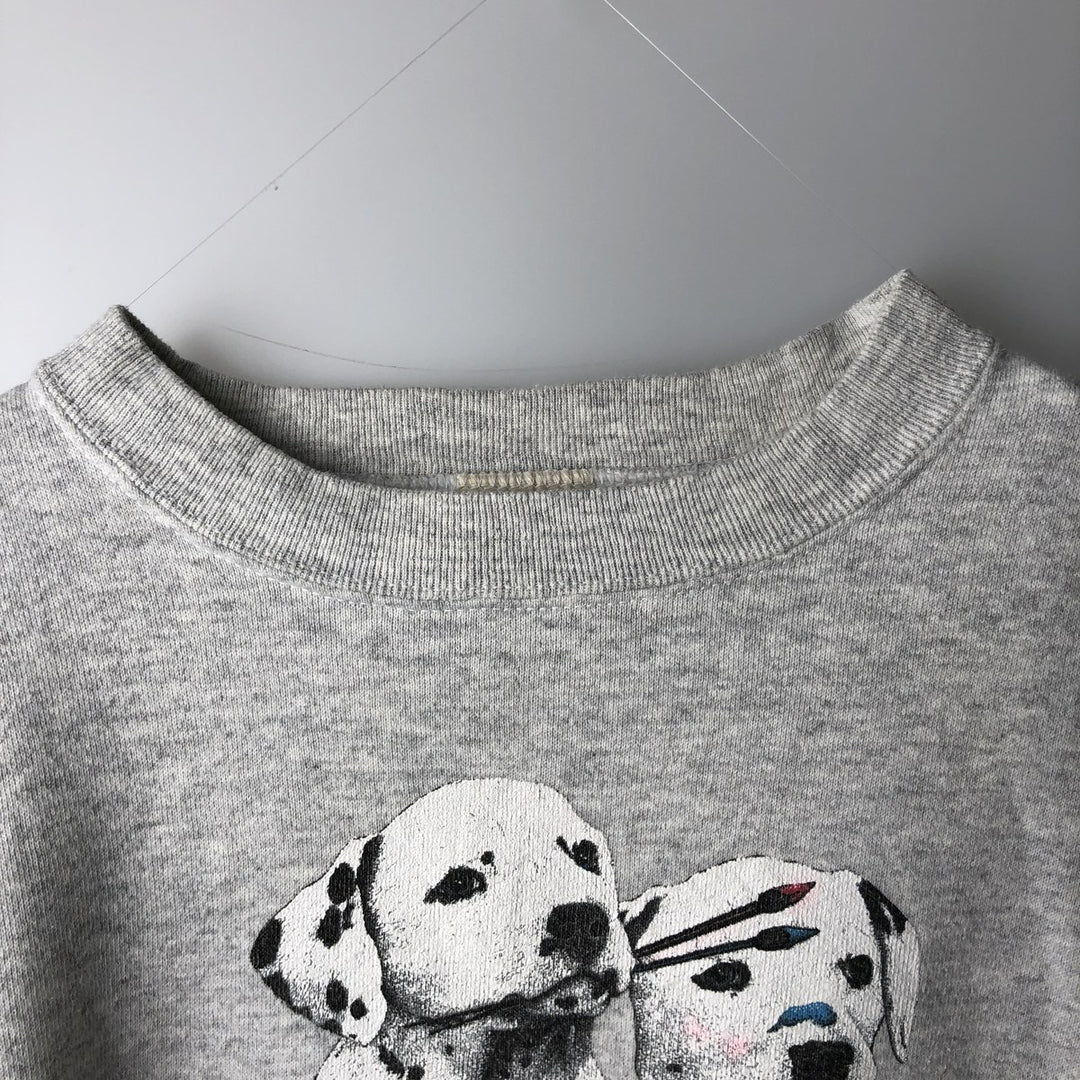 90'S Cotton Grove Animal Sweatshirt with Dog and Cat Pattern, Made in USA, Women's Size L (Equivalent), Vintage cotton gray type Vintage Second Hand