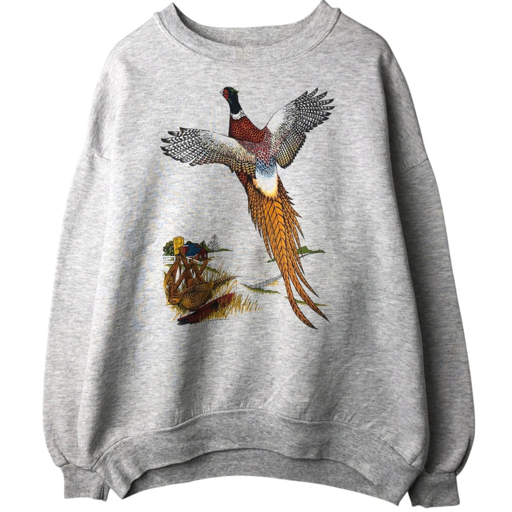 80s-90'S Jerzees Bird Print Animal Sweatshirt, Made in USA, Men's XXL equivalent, Vintage cotton gray type Vintage Second Hand