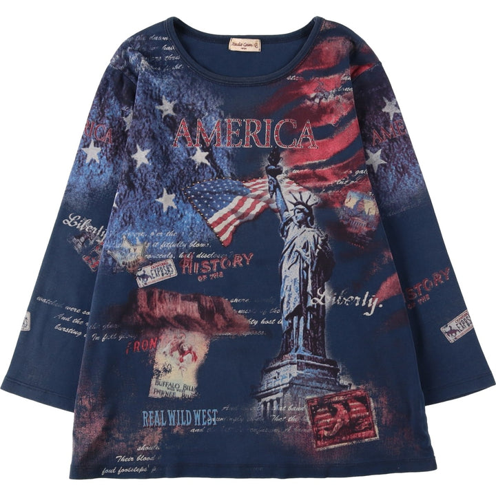 Studio Gem Stars and Stripes All-Over Print Rhinestone 3/4 Sleeve Long T-Shirt, Made in USA, Women's Size L cotton navy blue type Vintage Second Hand