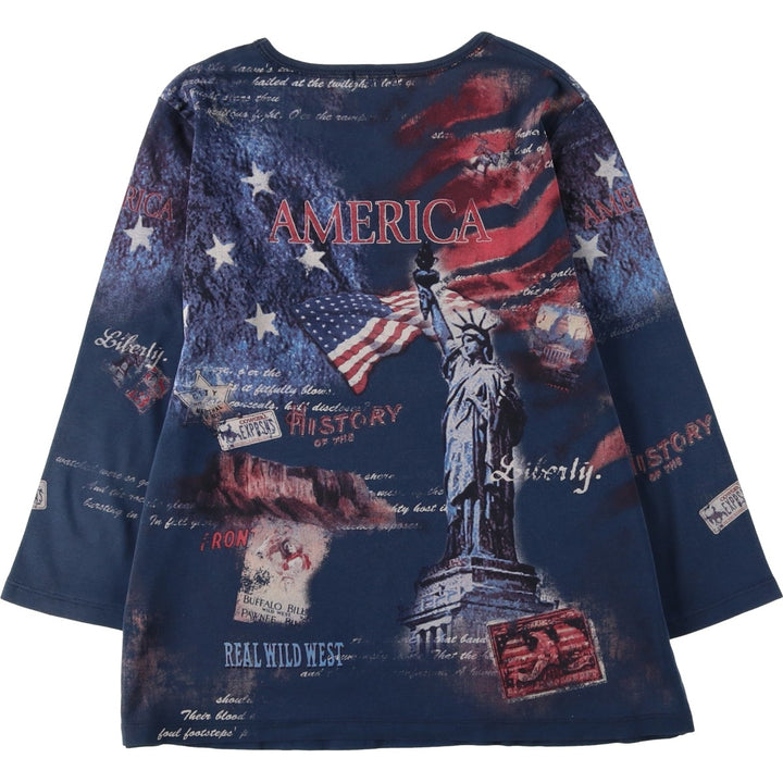 Studio Gem Stars and Stripes All-Over Print Rhinestone 3/4 Sleeve Long T-Shirt, Made in USA, Women's Size L cotton navy blue type Vintage Second Hand