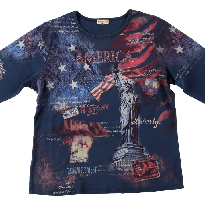 Studio Gem Stars and Stripes All-Over Print Rhinestone 3/4 Sleeve Long T-Shirt, Made in USA, Women's Size L cotton navy blue type Vintage Second Hand