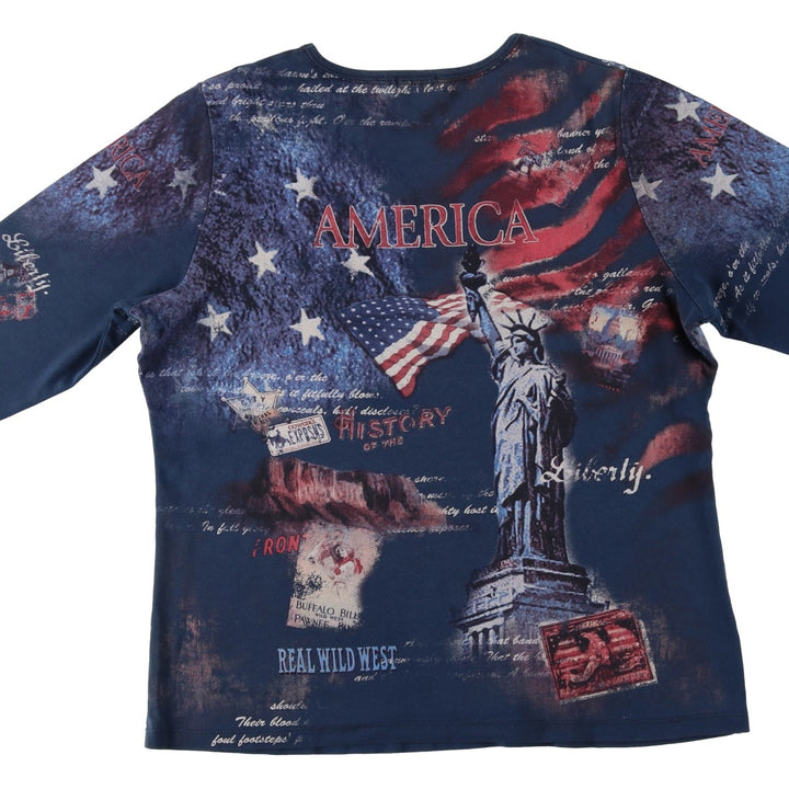 Studio Gem Stars and Stripes All-Over Print Rhinestone 3/4 Sleeve Long T-Shirt, Made in USA, Women's Size L cotton navy blue type Vintage Second Hand