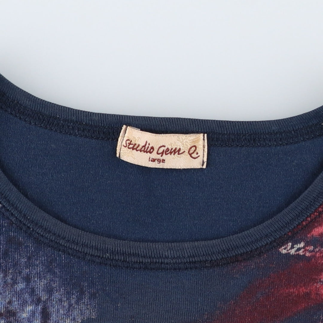 Studio Gem Stars and Stripes All-Over Print Rhinestone 3/4 Sleeve Long T-Shirt, Made in USA, Women's Size L cotton navy blue type Vintage Second Hand