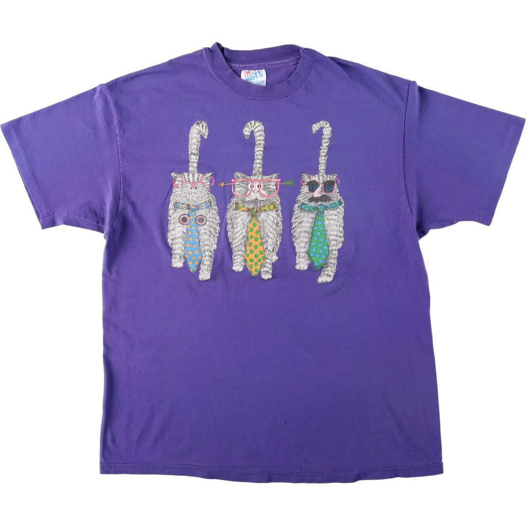 90'S Hanes BEEFY-T Cat Pattern Animal Pattern T-Shirt Made in USA Women's Size L (Equivalent) Vintage cotton purple type Vintage Second Hand