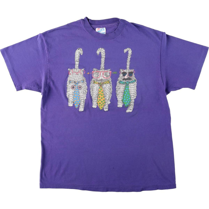 90'S Hanes BEEFY-T Cat Pattern Animal Pattern T-Shirt Made in USA Women's Size L (Equivalent) Vintage cotton purple type Vintage Second Hand