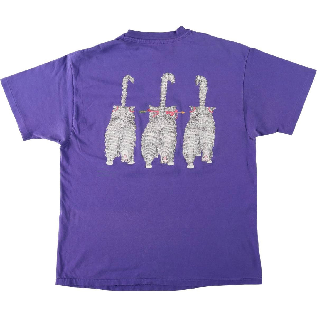 90'S Hanes BEEFY-T Cat Pattern Animal Pattern T-Shirt Made in USA Women's Size L (Equivalent) Vintage cotton purple type Vintage Second Hand