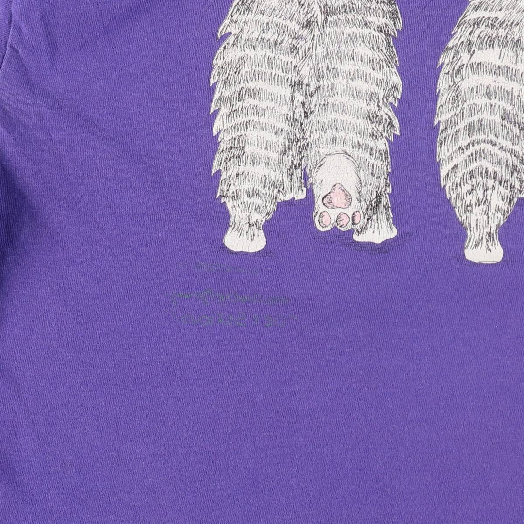 90'S Hanes BEEFY-T Cat Pattern Animal Pattern T-Shirt Made in USA Women's Size L (Equivalent) Vintage cotton purple type Vintage Second Hand