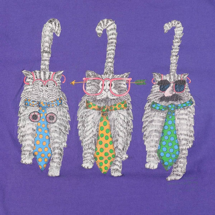 90'S Hanes BEEFY-T Cat Pattern Animal Pattern T-Shirt Made in USA Women's Size L (Equivalent) Vintage cotton purple type Vintage Second Hand