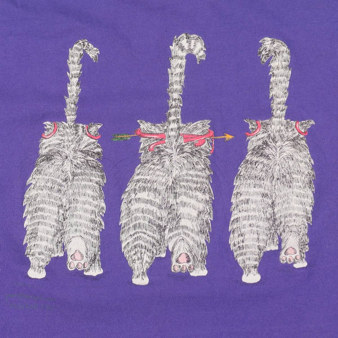 90'S Hanes BEEFY-T Cat Pattern Animal Pattern T-Shirt Made in USA Women's Size L (Equivalent) Vintage cotton purple type Vintage Second Hand