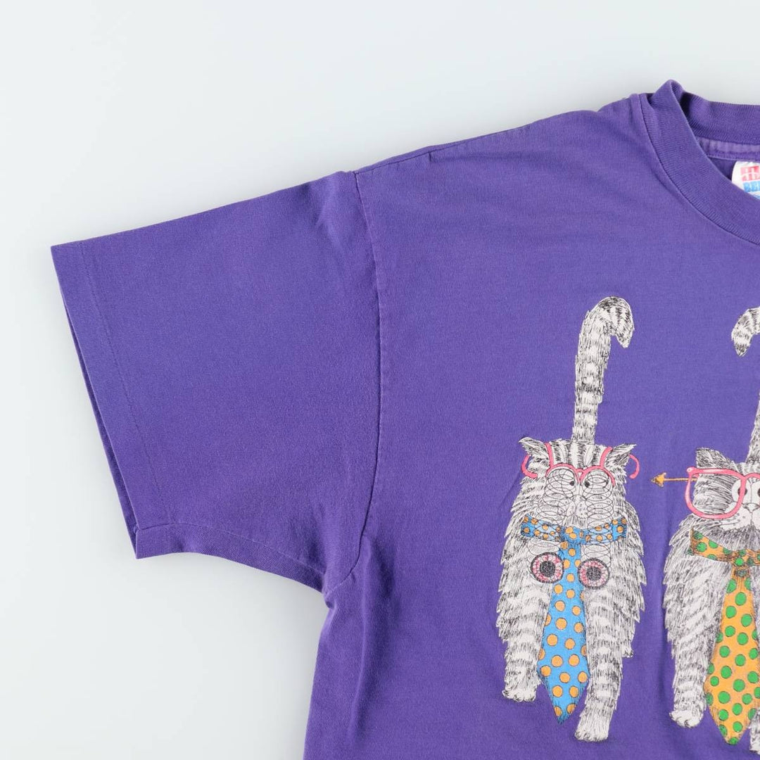 90'S Hanes BEEFY-T Cat Pattern Animal Pattern T-Shirt Made in USA Women's Size L (Equivalent) Vintage cotton purple type Vintage Second Hand