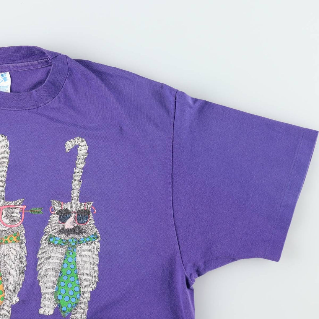 90'S Hanes BEEFY-T Cat Pattern Animal Pattern T-Shirt Made in USA Women's Size L (Equivalent) Vintage cotton purple type Vintage Second Hand