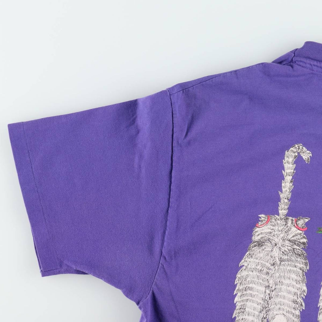 90'S Hanes BEEFY-T Cat Pattern Animal Pattern T-Shirt Made in USA Women's Size L (Equivalent) Vintage cotton purple type Vintage Second Hand