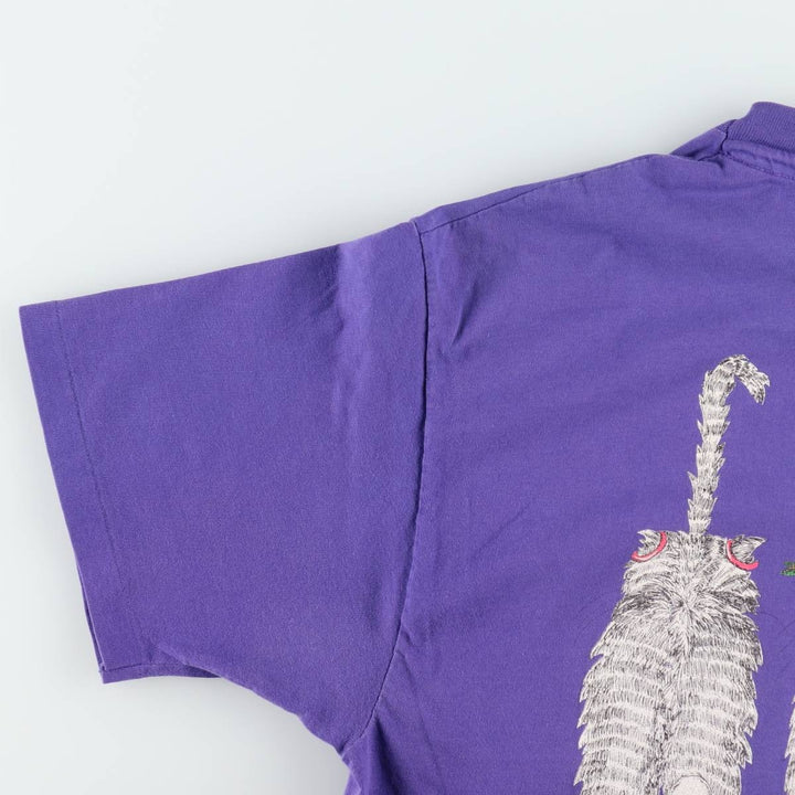 90'S Hanes BEEFY-T Cat Pattern Animal Pattern T-Shirt Made in USA Women's Size L (Equivalent) Vintage cotton purple type Vintage Second Hand