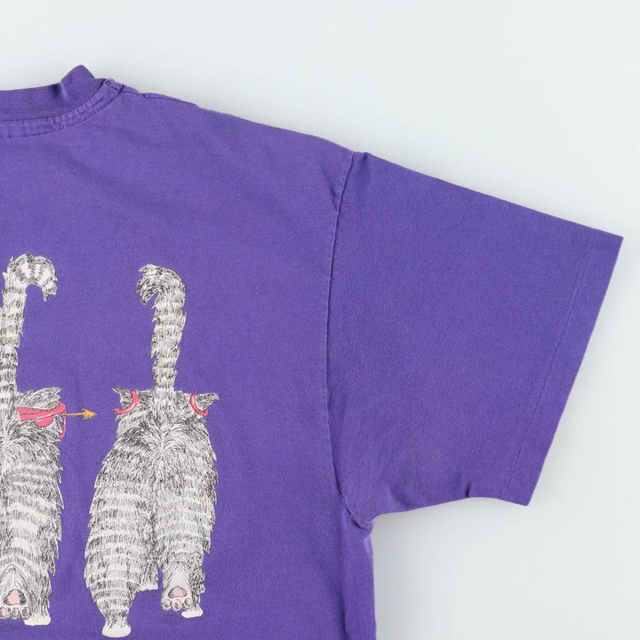 90'S Hanes BEEFY-T Cat Pattern Animal Pattern T-Shirt Made in USA Women's Size L (Equivalent) Vintage cotton purple type Vintage Second Hand