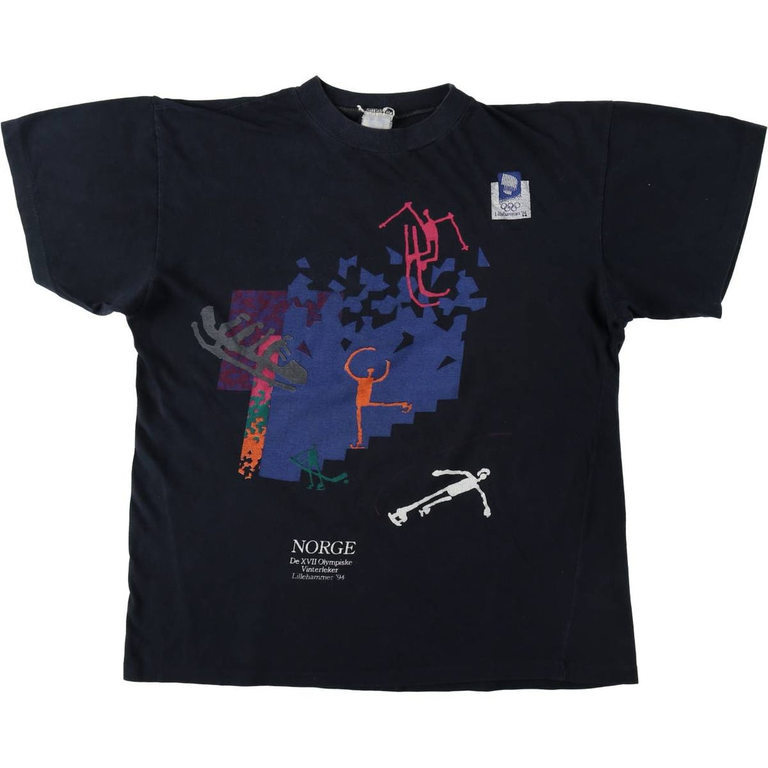 1990'S Lillehammer Olympics 1994 Sports Print T-Shirt (Women's Size M) unclear black type Vintage Second Hand
