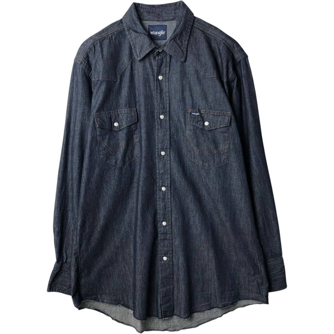 Dark navy Wrangler long-sleeved denim western shirt, men's size XL. cotton navy blue type Vintage Second Hand