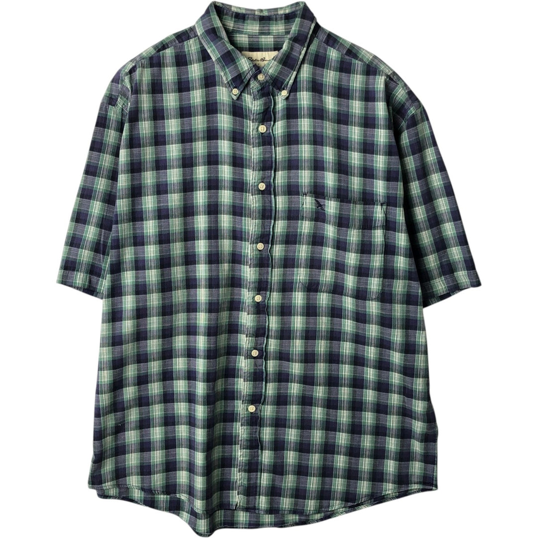 Eddie Bauer short sleeve button down check shirt, men's size L cotton navy blue type Vintage Second Hand