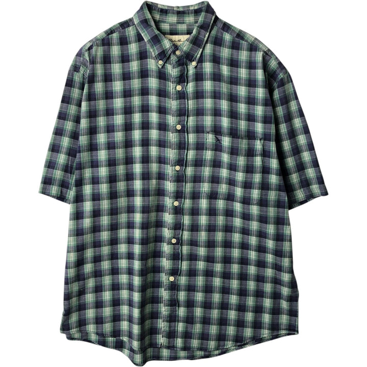Eddie Bauer short sleeve button down check shirt, men's size L cotton navy blue type Vintage Second Hand